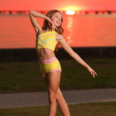 Laser Focused Yellow, Cotton Candy, and Sky Blue One Shoulder Top with Briefs Set
