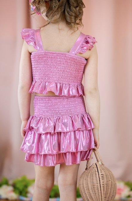 Bubble Gum Pop Metallic Pink Smocked Skort Set - Evie's Closet Clothing