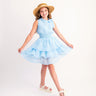 Butterfly Kisses Cloud Blue Dotted Simplicity Dress with Neck Bow Detail, Smocked Waist, and Tiered Ruffle Skirt as - Evie's Closet Clothing