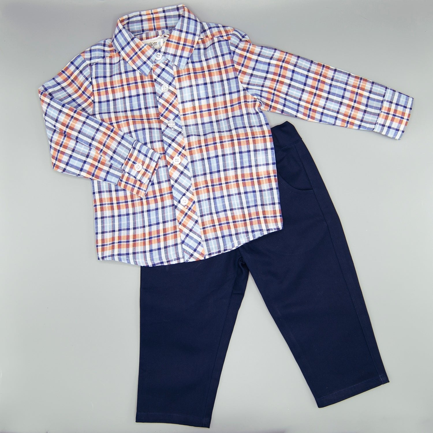 Dapper Dude Navy, Light Blue, and Orange Plaid Collared Adjustable Sleeve Shirt - Evie's Closet Clothing