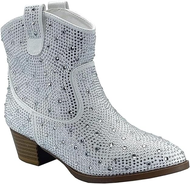 Forever River-01K Girls Rhinestone Cowboy Boots Kids Low Heel Dress Booties - Evie's Closet Clothing