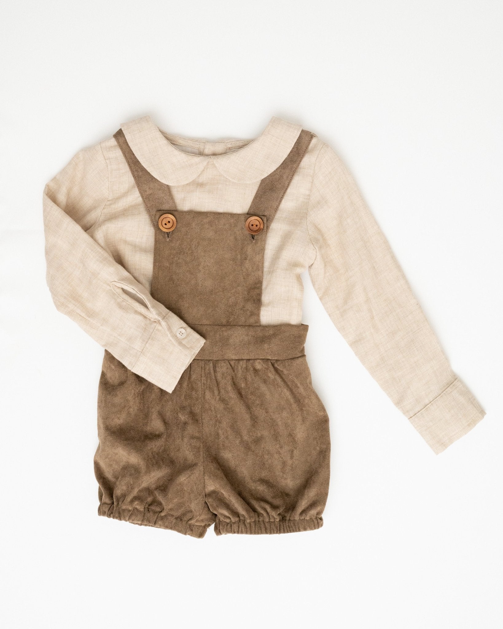 Letting Go Tan Button Accent Boys Romper - Evie's Closet Clothing