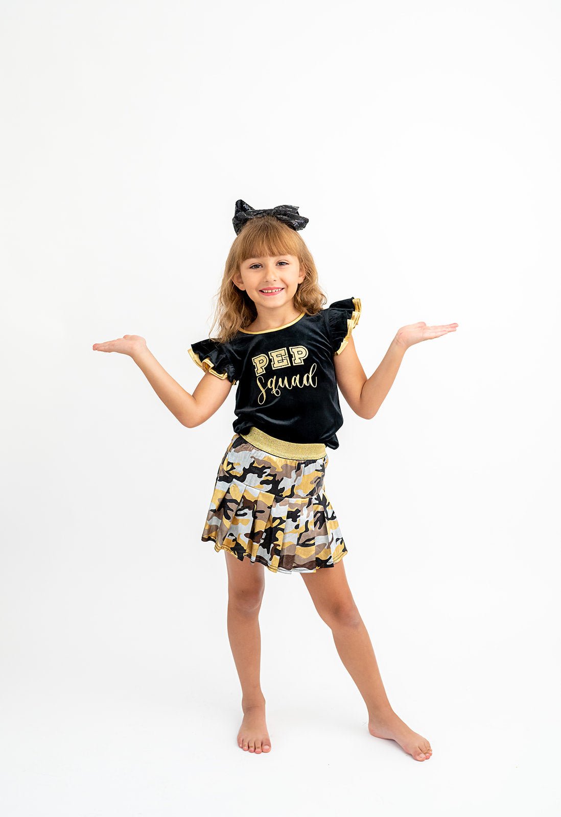 Pep Squad Black and Gold Velvet Embroidered Flutter Sleeve Tee - Evie's Closet Clothing