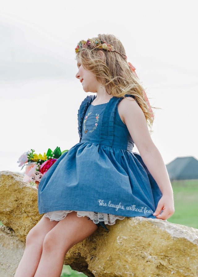 She Laughs Chambray Embroidered Pleat Detail Attached Petti Tunic Top and Shortie Set - Evie's Closet Clothing