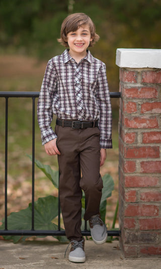 Essential Brown and Maroon Plaid Collared Shirt My Three Sons