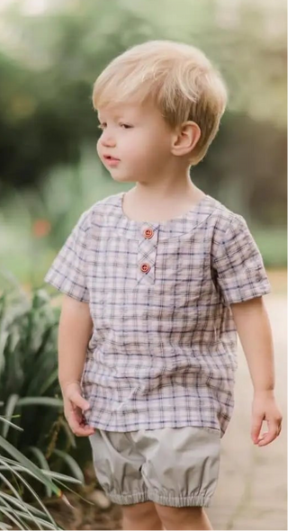 Harvest Nights Gray and Ivory Henley Collar Shirt and Button Accent Shorts Boys Set