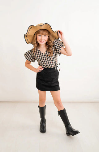 Perfectly Plaid Black and Khaki Tween Bodysuit and Skirt Set Evie's Closet Clothing