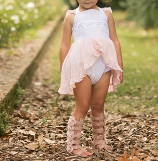 Sweetly Smocked White and Pastel Pink Skirted Flower Detail Bubble Evie's Closet Clothing