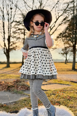 Simply Purrfect Ivory and Black Printed Tunic Top, Shortie, and Legging 3 Piece Set