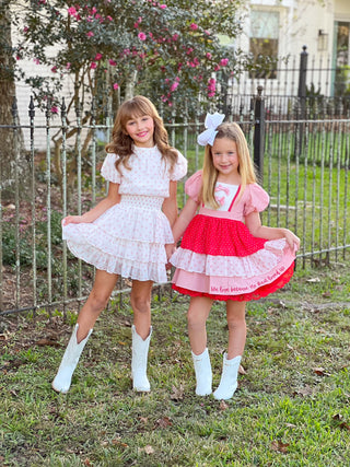 First Love Red and Pink Bow Accent Lace Trim Embroidered Dress with Attached Pettiskirt Preorder