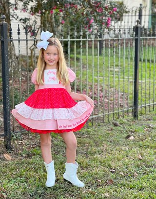 First Love Red and Pink Bow Accent Lace Trim Embroidered Dress with Attached Pettiskirt Preorder