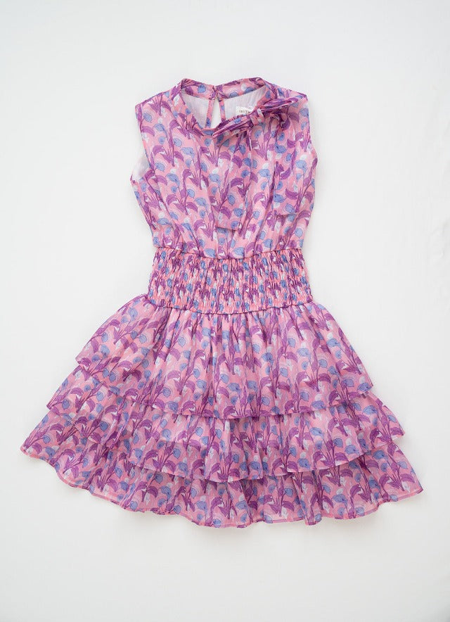 Consider the Lillies Lilac Printed Chiffon Bow Neck, Smocked Waist, Tiered Ruffle Dress