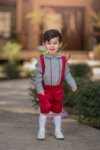 Boy's Red Velvet Houndstooth Shorts Set My Three Sons