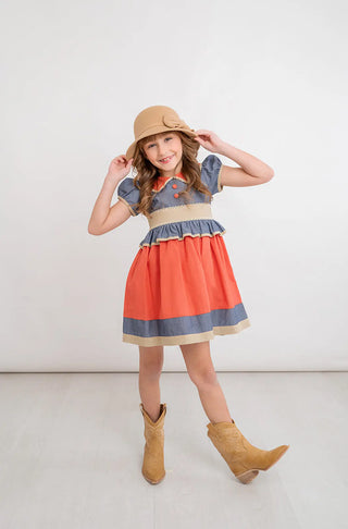 Prairie Days Chambray, Khaki, and Persimmon Peplum Dress Evie's Closet Clothing