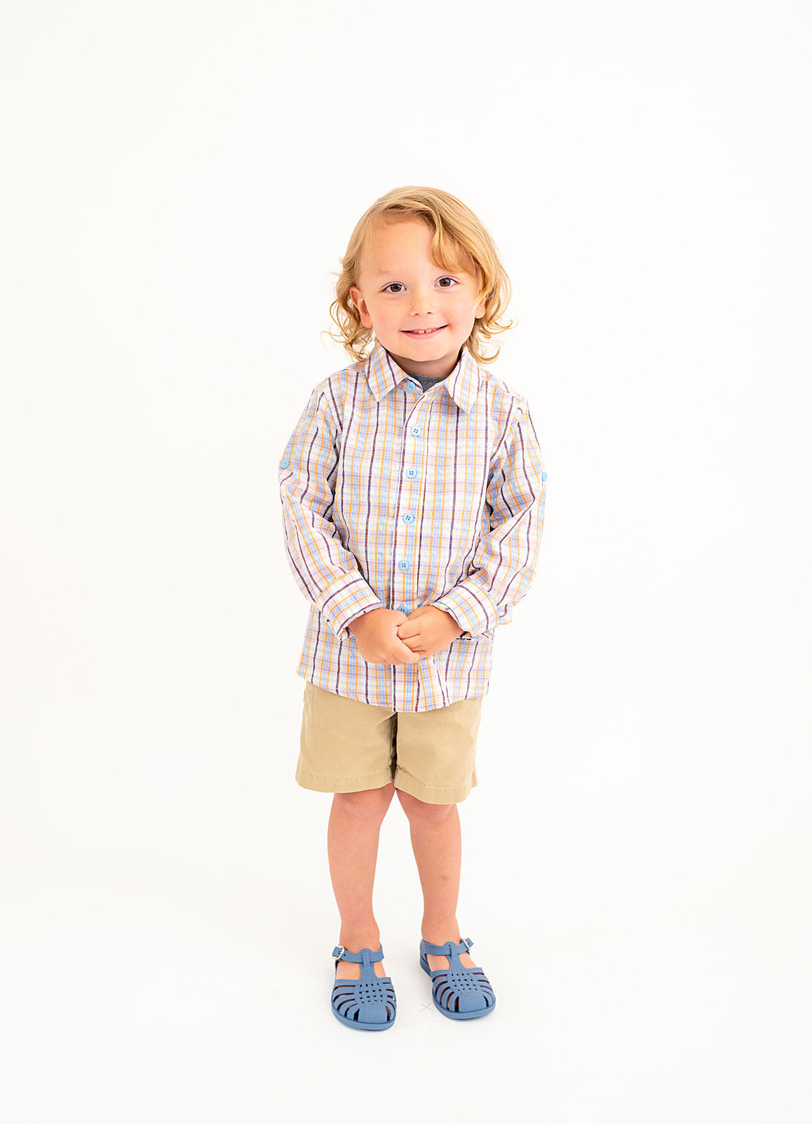 Butterfly Kisses Made to Match Plaid Collared Button up Boys Shirt with Adjustable Sleeves