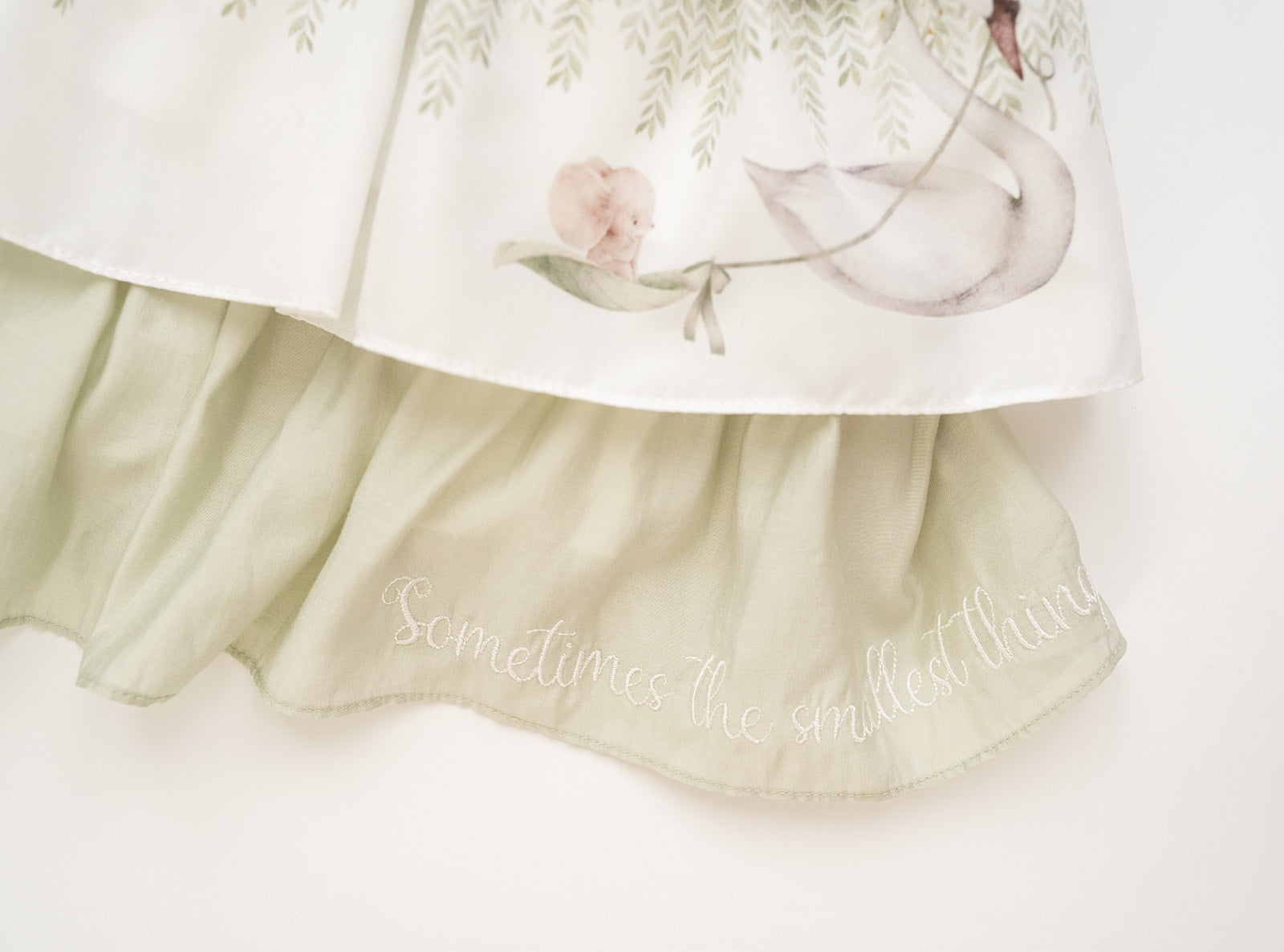 Room In My Heart Sage Green and Soft White, Alternating Pintuck, Lace Detail and Watercolor Printed and Quote Embroidered Dress