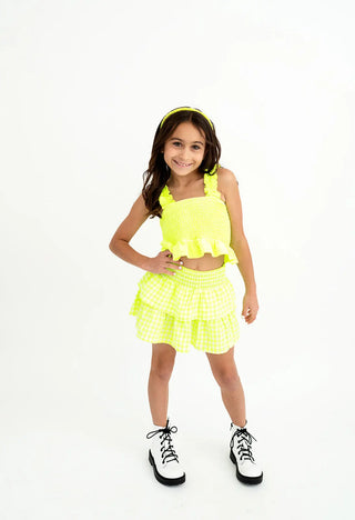 Retro Neon Highlighter Yellow Smocked Top and Skort Evie's Closet Clothing