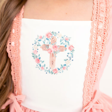 The Lord's Promise Blush and Soft White Watercolor Printed, Lace Detail, Embroidered Quote Dress