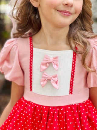 First Love Red and Pink Bow Accent Lace Trim Embroidered Dress with Attached Pettiskirt Preorder