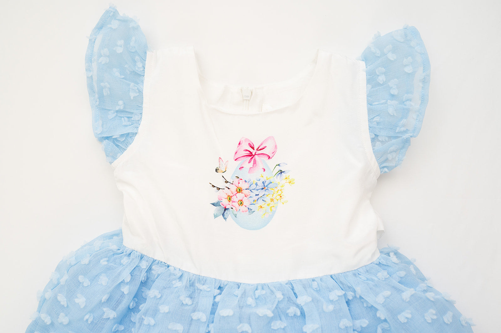Butterfly Kisses Soft White and Cloud Blue Watercolor Printed Dotted Overlay Dress