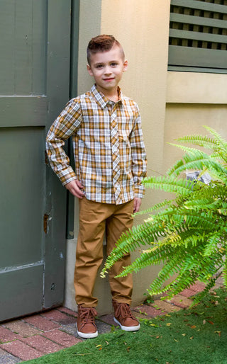 Tiny Acorns Tan and Brown Plaid Collared Shirt My Three Sons