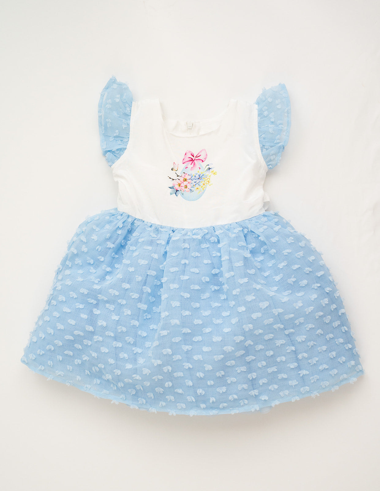 Butterfly Kisses Soft White and Cloud Blue Watercolor Printed Dotted Overlay Dress