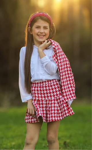 As If Red and White Tweed Jacket, Skort, and Layering Shirt Set