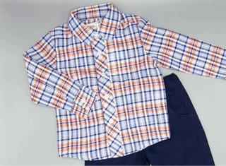 Dapper Dude Navy, Light Blue, and Orange Plaid Collared Adjustable Sleeve Shirt My Three Sons