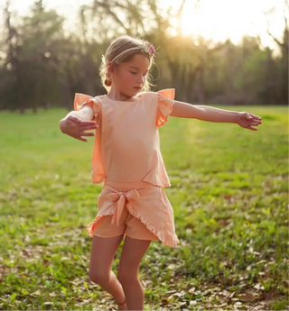 Just Peachy Soft Peach Argyle Swiss Dot Button Back Top and Short Set Evie's Closet Clothing