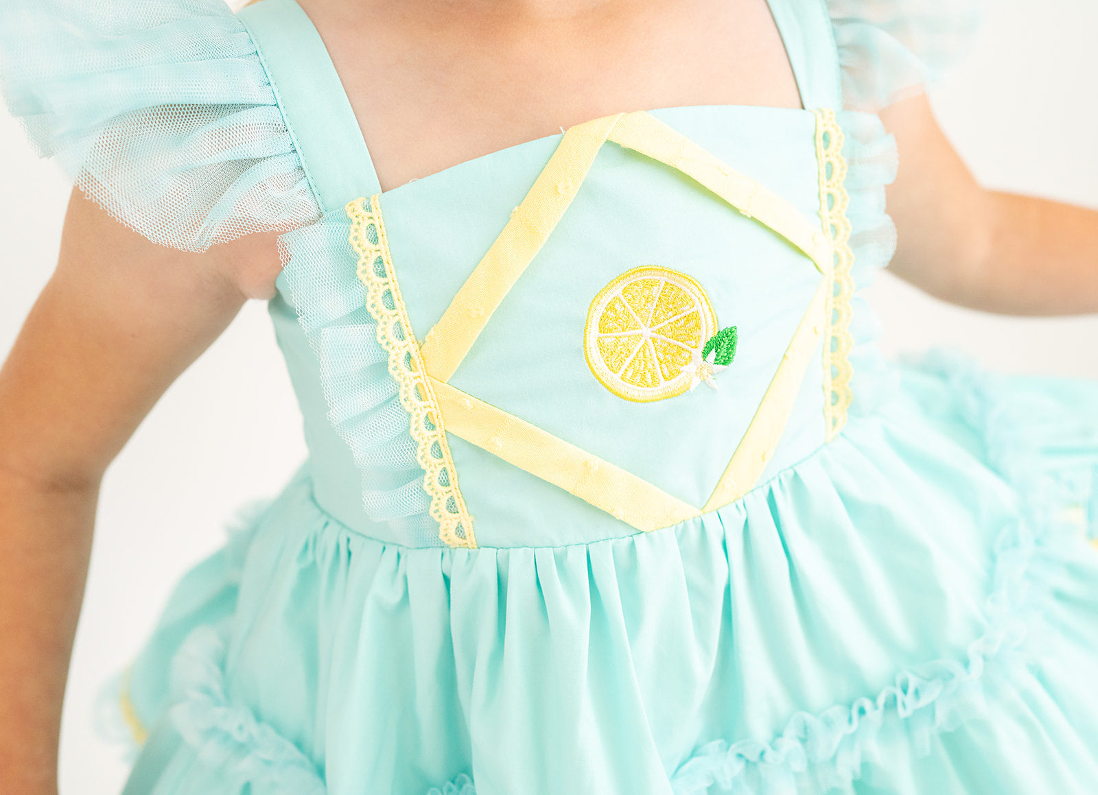 Make Lemonade Aqua and Lemon Yellow Embroidered Lace, Flutter Sleeve, and Tulle Accent Tunic Set