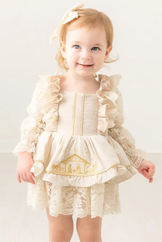 Thrill of Hope Ivory and Gold Embroidered Lace Accent Skirted Bubble