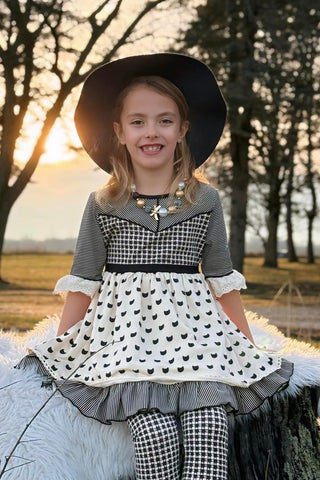 Simply Purrfect Ivory and Black Printed Tunic Top, Shortie, and Legging 3 Piece Set