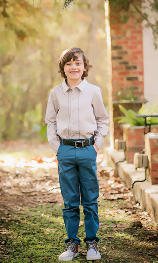 Essential Gray with Slate Blue Piping Collared Shirt My Three Sons