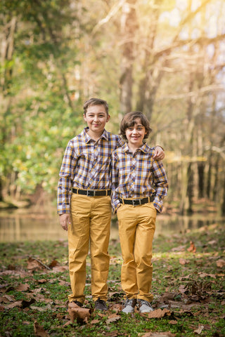 Essential Mustard, Navy, and Brown Plaid Collared Shirt My Three Sons