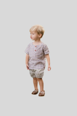 Harvest Nights Gray and Ivory Henley Collar Shirt and Button Accent Shorts Boys Set My Three Sons