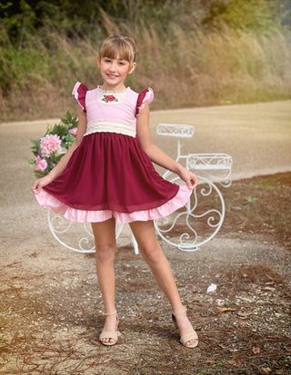 Enchanted Rose Pink and Maroon Embroidered Dress