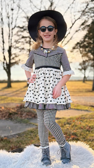 Simply Purrfect Ivory and Black Printed Tunic Top, Shortie, and Legging 3 Piece Set