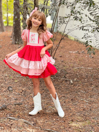 First Love Red and Pink Bow Accent Lace Trim Embroidered Dress with Attached Pettiskirt Preorder