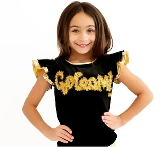 Go Team Black & Gold Velvet Flutter Sleeve Shirt Evie's Backyard