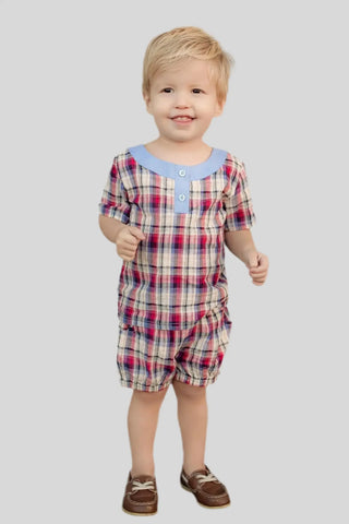 ABC,123 Plaid Boys Henley and Bubble Short Set My Three Sons