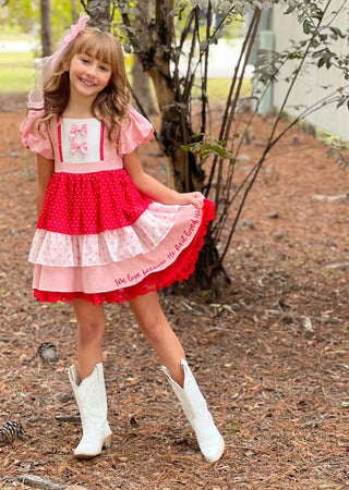 First Love Red and Pink Bow Accent Lace Trim Embroidered Dress with Attached Pettiskirt Preorder