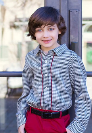 Essential Black and White  Houndstooth Shirt with Red Velvet Piping My Three Sons