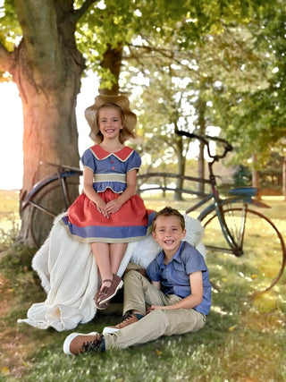 Prairie Days Chambray, Khaki, and Persimmon Peplum Dress Evie's Closet Clothing