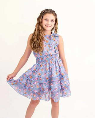 Hawaiian Hibiscus Simplicity Periwinkle Printed Chiffon Bow Neck, Smocked Waist, Tiered Skirt Dress Evie's Closet Clothing