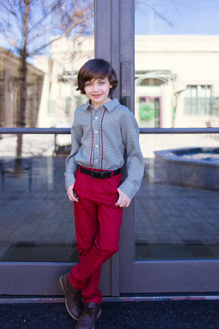 Essential Black and White  Houndstooth Shirt with Red Velvet Piping My Three Sons