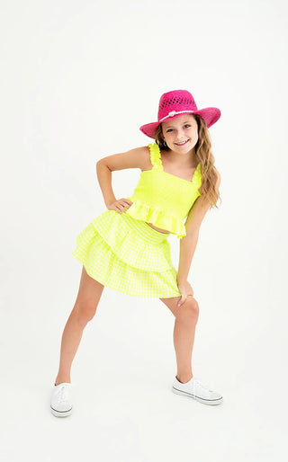 Retro Neon Highlighter Yellow Smocked Top and Skort Evie's Closet Clothing