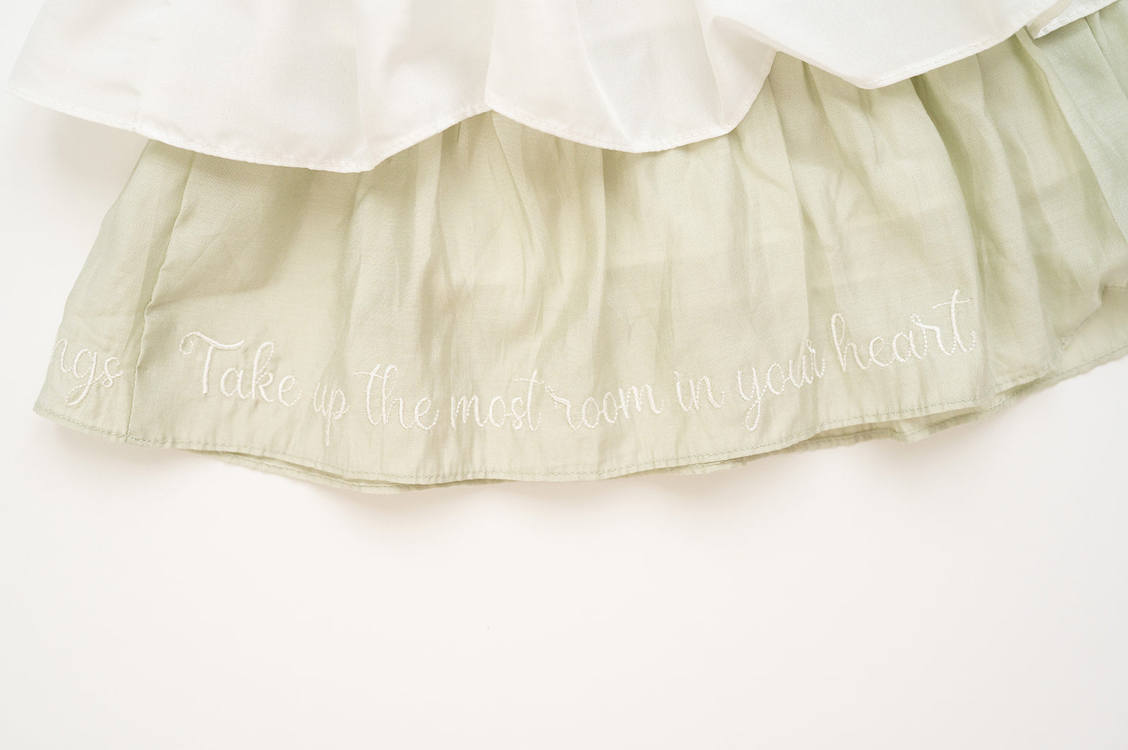 Room In My Heart Sage Green and Soft White, Alternating Pintuck, Lace Detail and Watercolor Printed and Quote Embroidered Dress