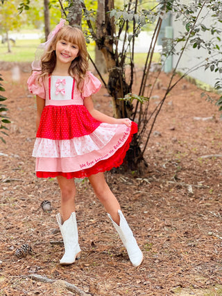 First Love Red and Pink Bow Accent Lace Trim Embroidered Dress with Attached Pettiskirt Preorder