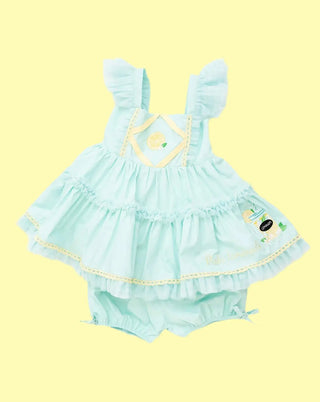 Make Lemonade Aqua and Lemon Yellow Embroidered Lace, Flutter Sleeve, and Tulle Accent Tunic Set Evie's Closet Clothing