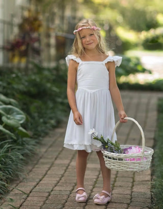 Dainty Darling White and Soft White Flutter Sleeve Dress Evie's Closet Clothing